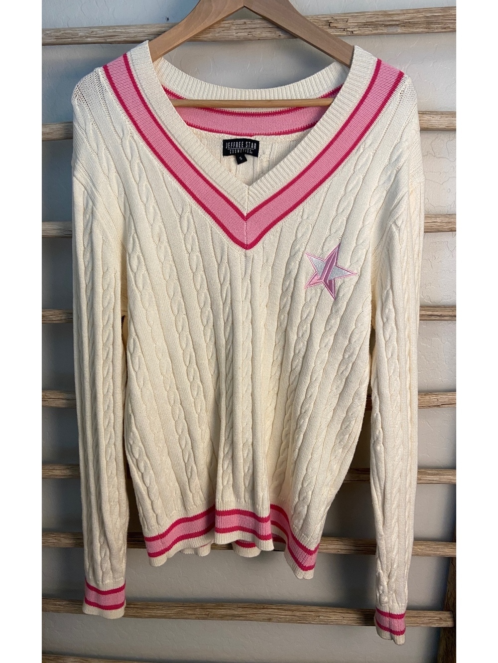 Jeffree Star Cable Knit V-Neck Sweater in Cream with Pink Stripes, Size Small